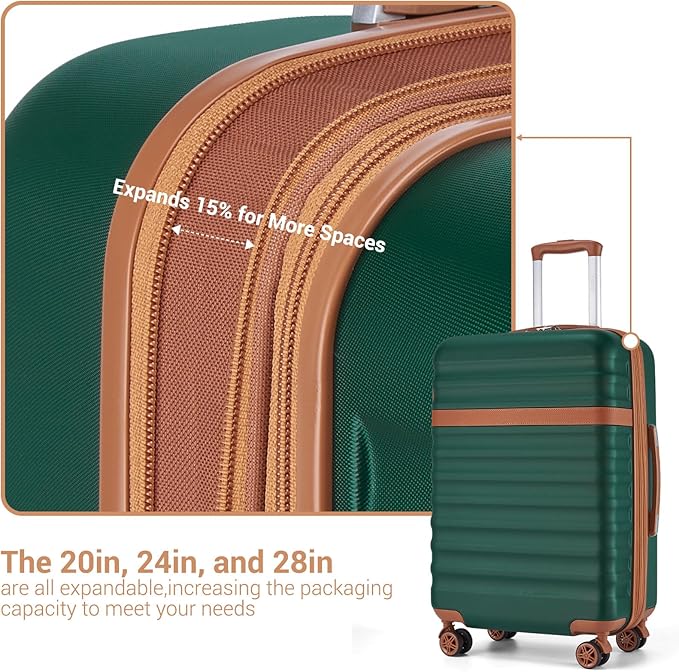 Kono Luggage Set 3 Pieces Expandable PC ABS Durable Suitcase Hardside with Double Spinner Wheels Tsa Lock Green(20in/24in/28in)