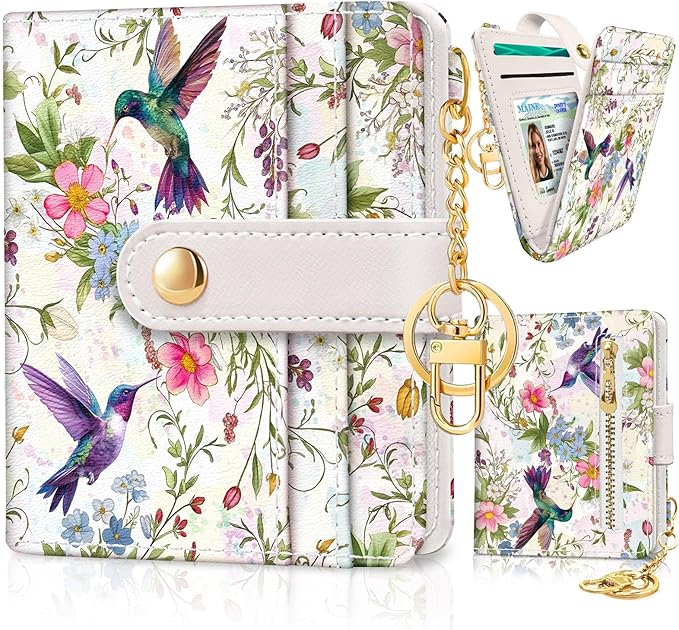 Jogjam Hummingbird Bird Rfid Women Wallet, Small Slim Thin Compact Credit Card Wallet, PU Leather Bifold Cash Wallet, Zipper Coin Pocket ID Window, Female Ladies Girl Gifts