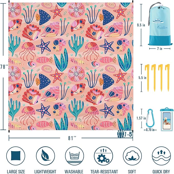 Beach Blanket Sandproof Waterproof 78''×81''1-5 Adults Oversized,Compact Lightweight Durable Beach Mat for Travel Camping Hiking Picnic Blanket