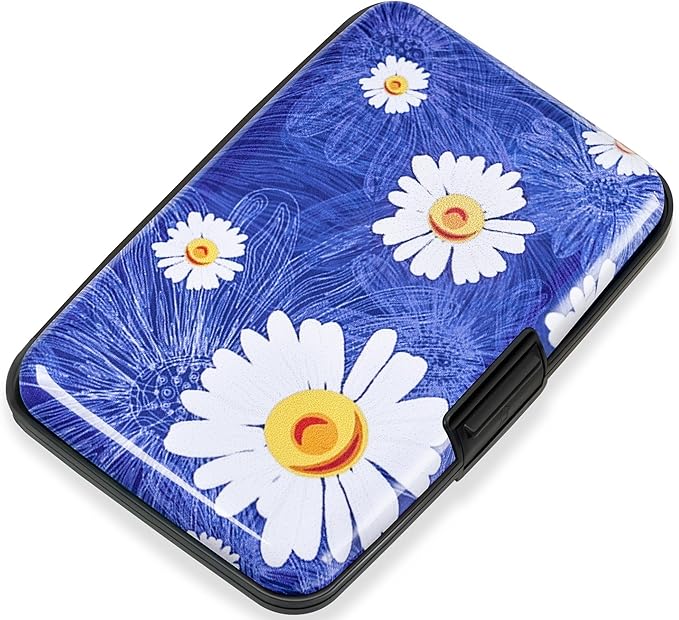 Mayski Credit Card Holder, RFID Blocking, Aluminum Alloy Hard Case, Small Mini Business Metal Wallet for Women Men, White Flower