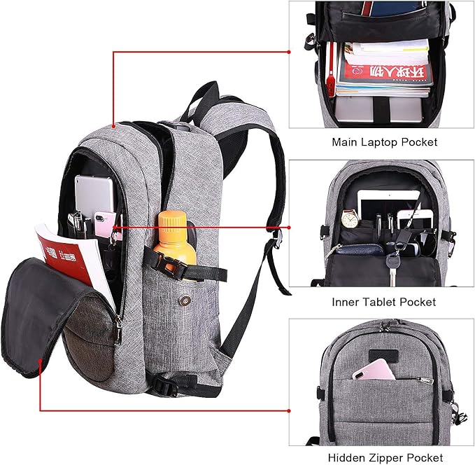Tzowla Travel Laptop Backpack Water Resistant Anti-Theft Bag with Giant Tumbler Holder Pocket and Lock 17.3 Inch Computer Business Backpacks for Women Men Work College Gift,Casual Daypack(Grey)