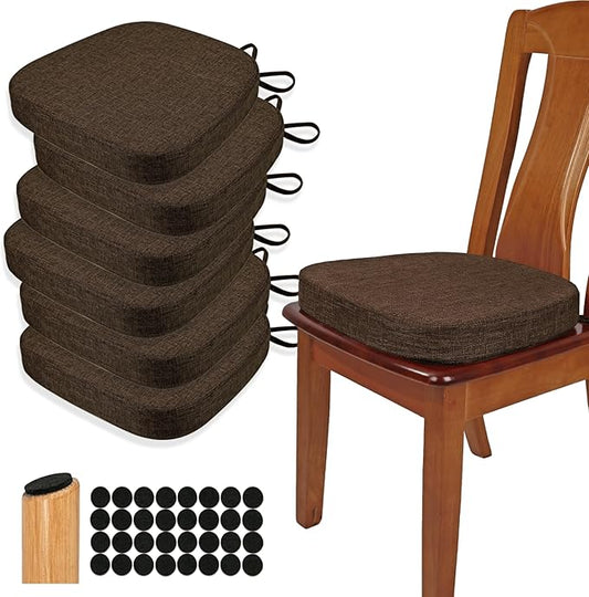 BUYUE Thickened 2.5" Dining Chair Cushions Set of 6, U-Shape High Density Foam Comfortable Chair Pads for Kitchen, Slip Resistant Indoor Seat Cushions (6 PCS, Chocolate)
