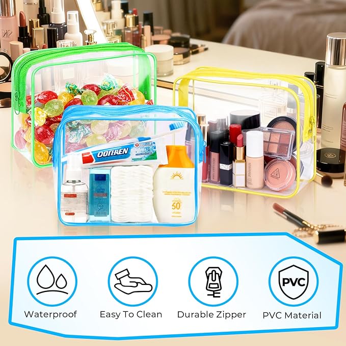 6 Pieces Clear Makeup Bags Bulk TSA Approved Toiletry Bag for Travel PVC Waterproof Clear Cosmetic Pouch with Zipper for Men and Women Carry-on Travel Essentials (Blue)