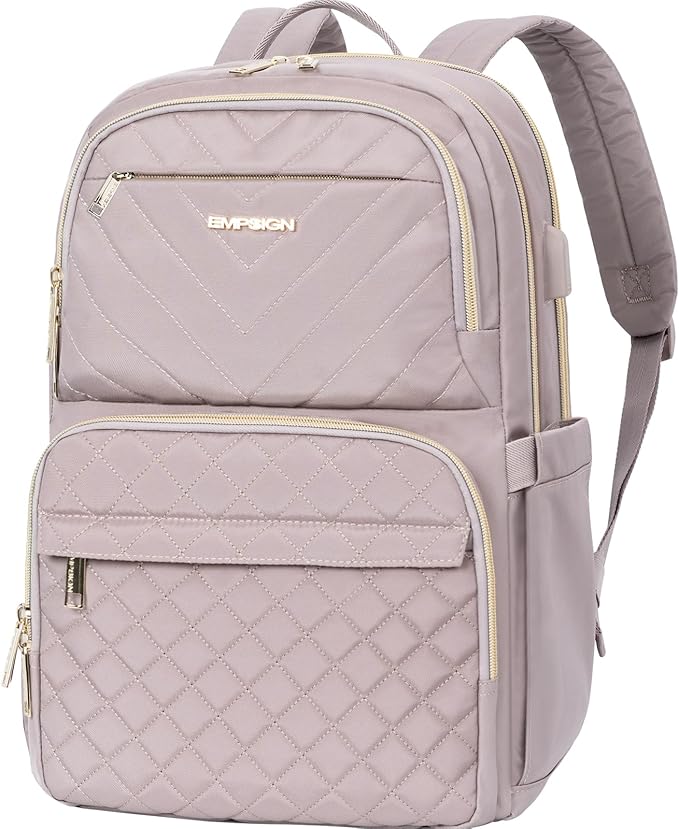 EMPSIGN Laptop Backpack Purse for Women and Men with USB Charging Port, 15.6 Inch Travel Water Resistant Quilted Backpack, High-Capacity 30L Work Business Computer Backpack, Quilted Grey Pink