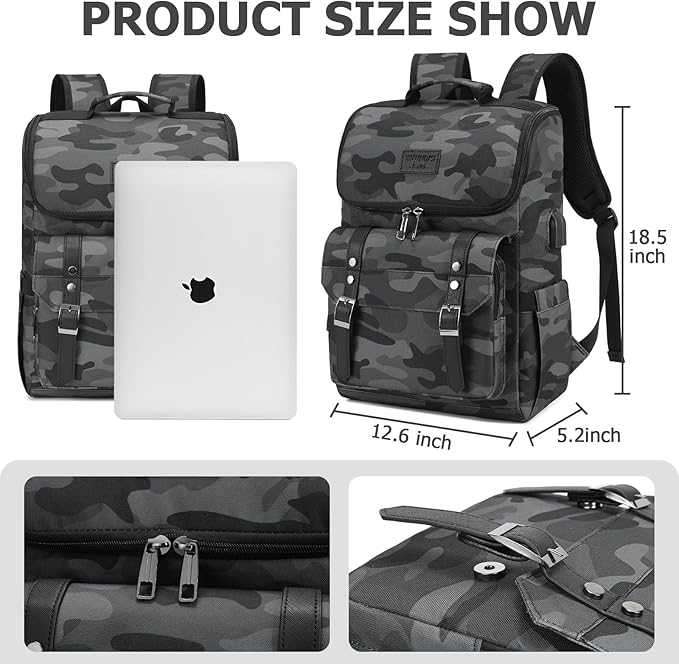 YALUNDISI Vintage Backpack Travel Laptop Backpack with usb Charging Port for Women & Men College Backpack Fits 15.6 Inch Laptop Camouflage Gray