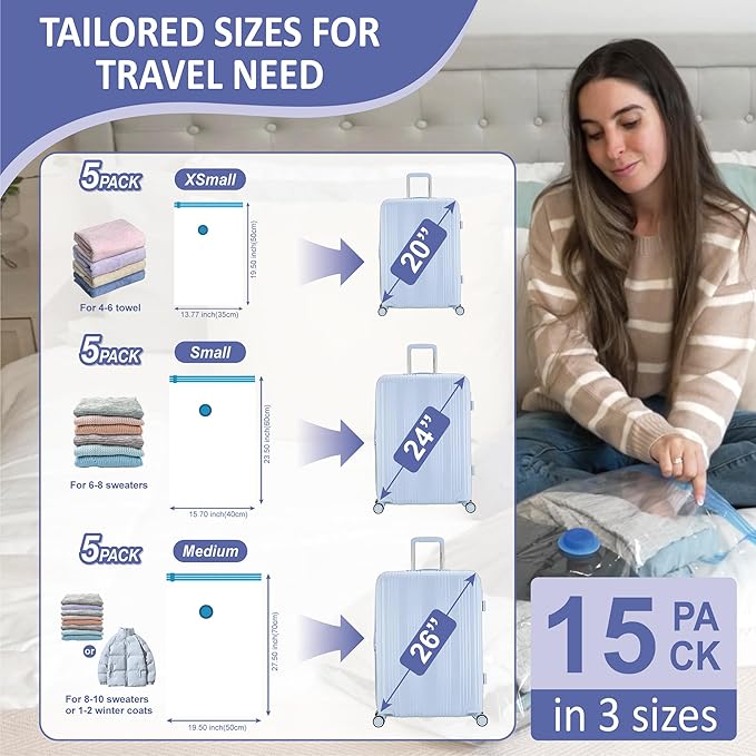 Cozy Essential Travel Vacuum Storage Bags with Rechargeable Cordless Electric Pump, Space Saver Bags for Luggage, Suitcase, Carry-On, for Clothes, Blankets, Comforters, Pillows, 15 Combo