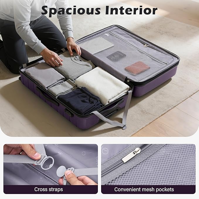 Coolife Expandable Large Checked Luggage with Spinner Wheels, Hard Shell Suitcase TSA Lock Rolling Travel Luggage 28-inch,Purple