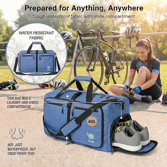 Bago Compact Duffle Bag for Travel Women & Men. Durable Lightweight Foldable Travel Duffel Bags For Traveling Women. 40L Duffle Bags a Reliable Weekender duffel or Overnight Bag With Shoe Compartment
