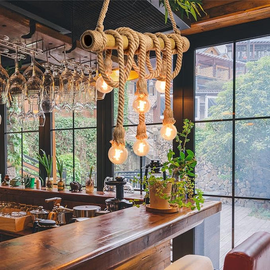 Arturesthome 6 Heads Hemp Rope Pendant Light, Vintage Bamboo Chandeliers Fixture Kitchen Island, Rustic Industrial Hanging Lamp for Bedroom Restaurant Cafe Bar Country Style Decoration
