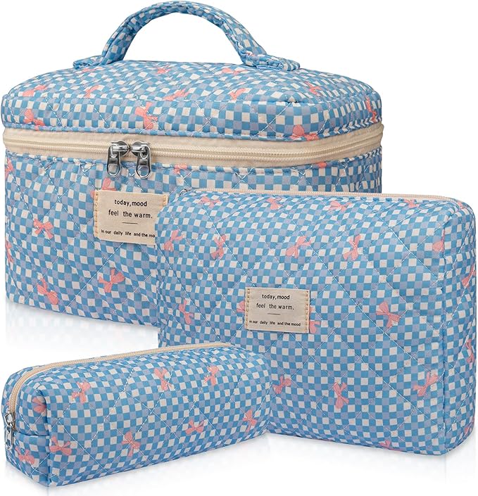 3PC Makeup Bag Set, Cute Cosmetic Bag for Women Girls, Floral Coquette Aesthetic Toiletry Bag, Travel Make Up Organizer Bag (Blue Check)