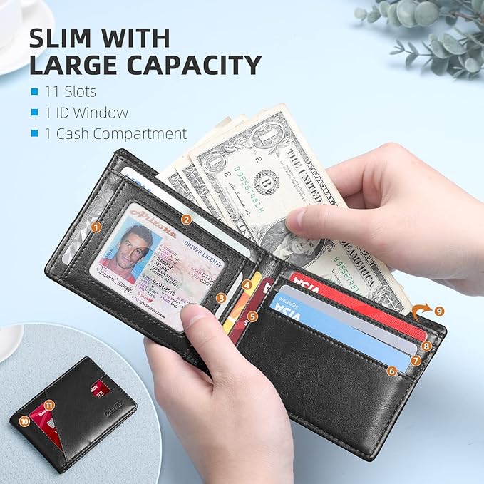 Zitahli Bifold Wallets for Men - Slim RFID Leather Credit Card Holder for 6-11 Cards, Minimalist Thin Wallet with ID Window & Cash Slot,Front Pockt Carteras Para Hombres, Birthday Gifts for Men | Slim, RFID Blocking, Premium, Front Pocket, Gift Box, Le...