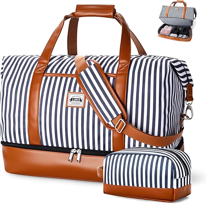 Lekebobor Weekender Bag for Women, Large Holdall Travel Duffle / Overnight Bag with Shoes Compartment & Toiletry Bag, 50L (Blue Striped)