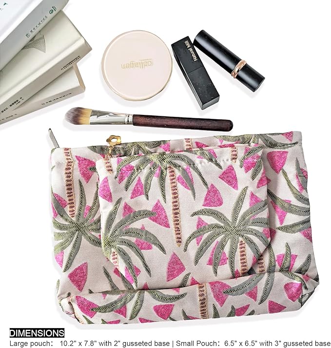 HAPPYHEIDI Makeup Bag Set 2, Cute Cosmetic Pouch, Coconut Trees Pattern, Cotton Blend, Floral, Zipper, 2 Count