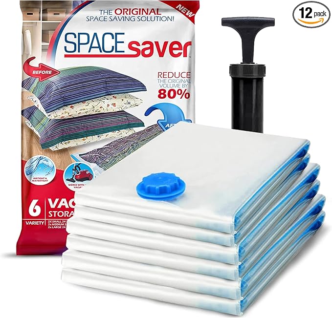 12 Pack Variety Vacuum Storage Bags for Comforters, Blankets & Clothes – Vacuum Sealed Compression Bags with Hand Pump – Space Saver Storage Bags for Bedding, Moving, Travel & Organization (6L & 6XL)
