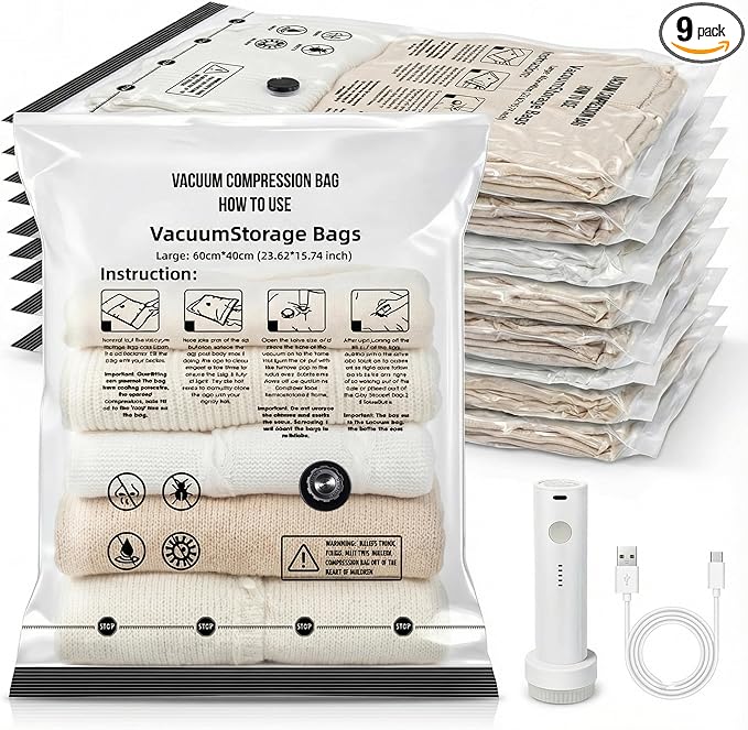 Vacuum Seal Bags for Clothing: 9 Pack Small Travel Vacuum Bags for Luggage with Rechargeable Electric Pump - Space Saver for Carry-On Packing