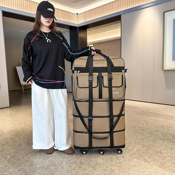 130L Expandable Luggage, 40 Inch Suitcase with Wheels, Collapsible Luggage with Wheels, Rolling Duffle Bag with wheels, Foldable Suitcasewith2Handle Wrap 2Fixing Straps 1Shoulder Strap (khaki)