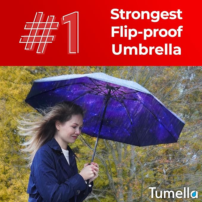 TUMELLA Inverted Windproof Umbrella, Large, Strong, Light, Portable, Automatic Reverse Folding Rain Umbrella, Durable Premium Grip, Fits Car & Backpack
