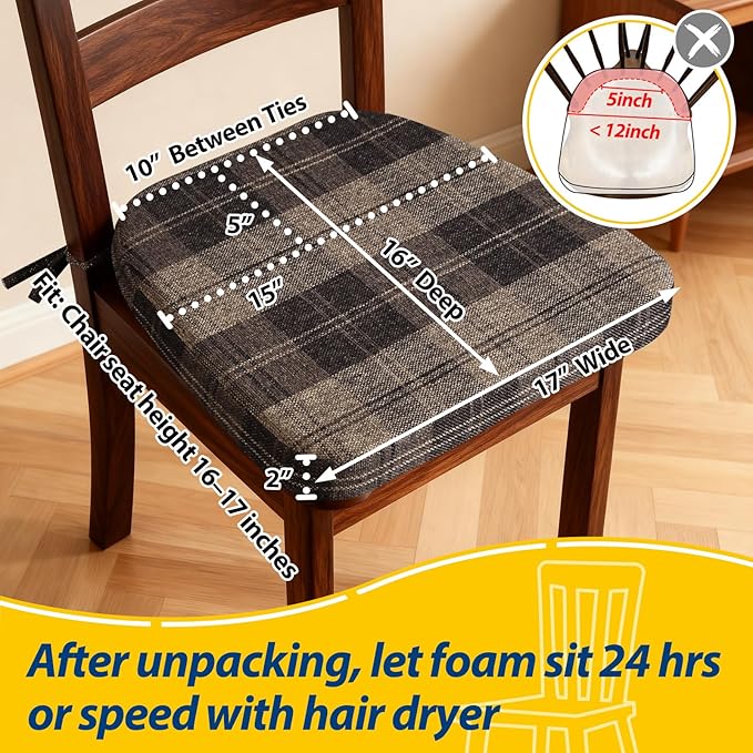 AAAAAcessories D-Shaped Chair Cushions, 2" Thick Dining Chair Pads with Ties and Removable, Machine-Washable Cover, 17" x 16", Set of 8, Brown Checkered