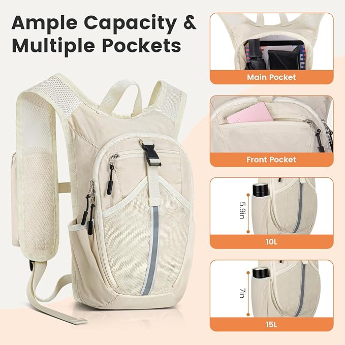 Small Hiking Backpack 15L-Lightweight Packable Foldable Backpack for Travel Camping Outdoor Commute, Compact Rucksack for Women Men(Beige)