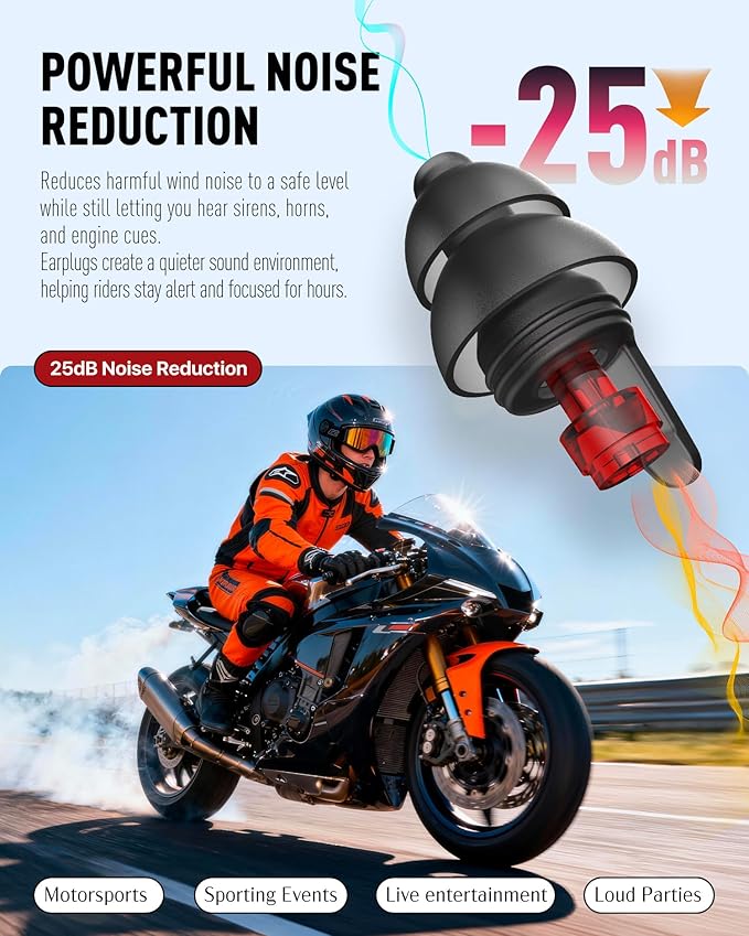 Motorcycle Ear Plugs for Wind Noise Reduction - 2 Pairs - 25dB - Motorcycle Accessories - Reusable Moto Earplugs, Soft Comfortable Hearing Protection for Motorbike, Touring, Racing, Riding