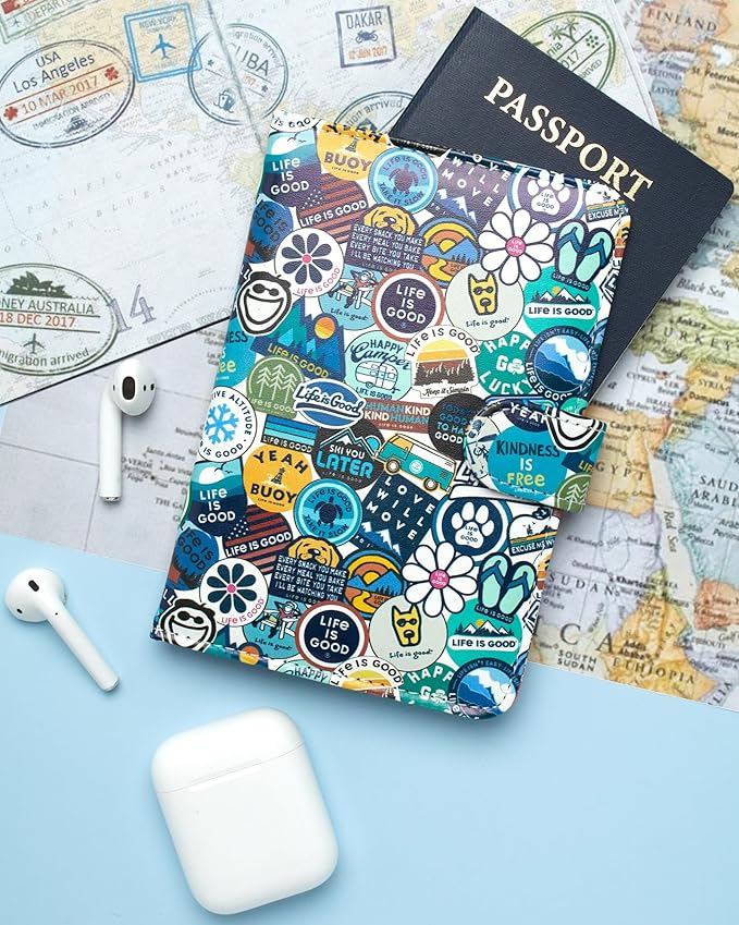 Life is Good Travel Passport Cover - Anti-Theft Passport Holder Wallet with Interior Card Slots, Magnetic Snap Closure, Newsprint