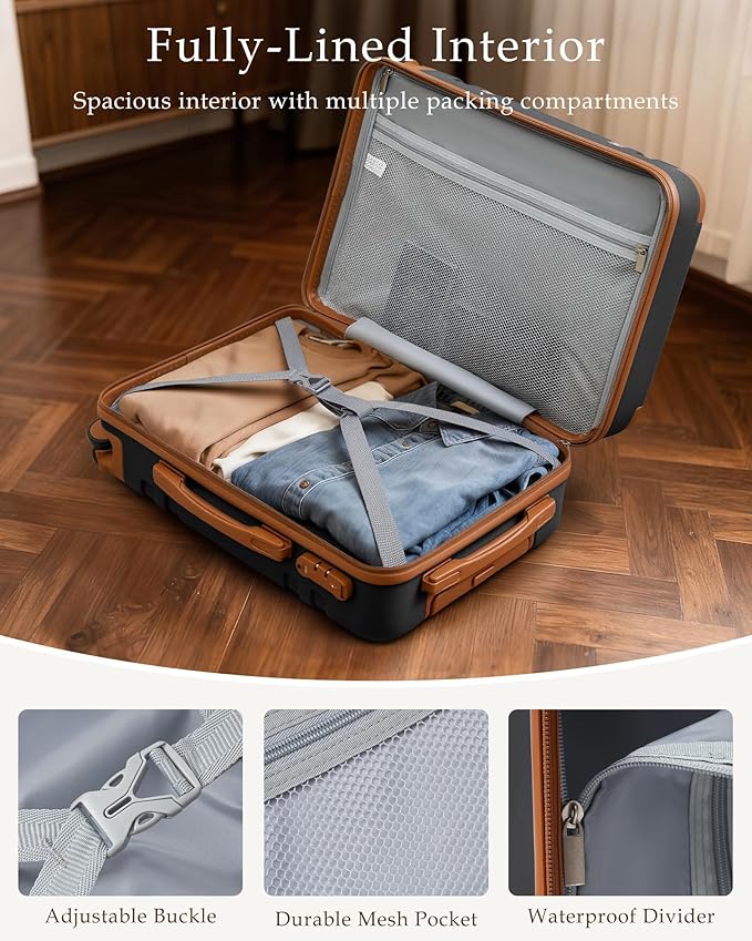 LONG VACATION Luggage Sets 5 Piece, Suitcases With Wheels, PC+ABS Hardshell Luggage Set with Spinner Wheels, TSA Lock (Black Brown)