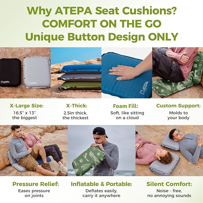 ATEPA Inflatable Seat Cushion, Self-Inflating Portable Stadium Airplane Travel Foam Cushion Pad for Camping, Sports Events, Outdoor
