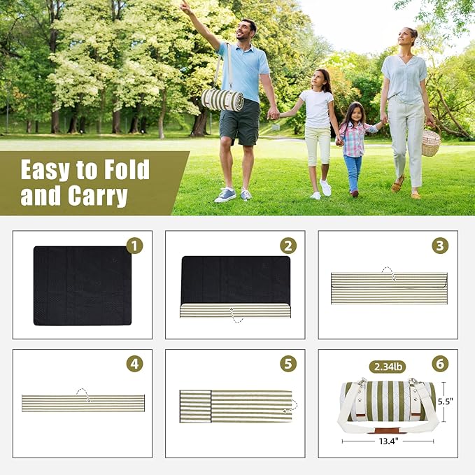 G GOOD GAIN Waterproof Picnic Blanket, 79"x79" Extra Large Beach Mat for 6 to 8 Adults, Machine Washable Outdoor Blanket for Camping, Grass, Park, Camping, Concerts, MiddleGreen