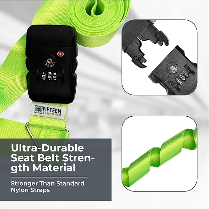 Nylon Luggage Straps for Suitcases | TSA Approved Adjustable Strap w/ 3-Digit Combo Lock | Heavy Duty Belt for 20-32 Inch Suitcases | Travel Luggage Belt Strap for Easy Identification (Neon Green)