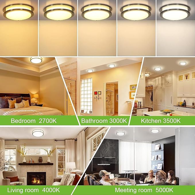 hykolity 13 inch Flush Mount LED Ceiling Light Fixture,1300LM,5CCT | 2700K/3000K/3500K/4000K/5000K Adjustable Ceiling Lights, Brushed Nickel Dimmable Lighting for Kitchen,ETL Listed,2 Pack