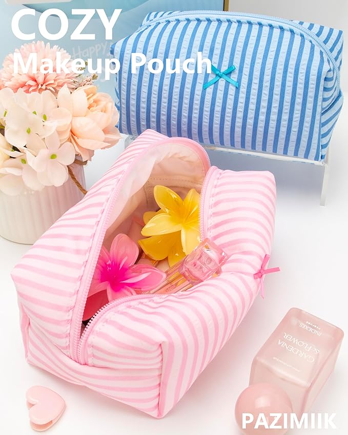2PCS Cozy Makeup Bag Small Aesthetic Travel Zipper Cosmetic Pouch for Women Make Up Beauty Accessories Brushes, Stripe Cute Pink