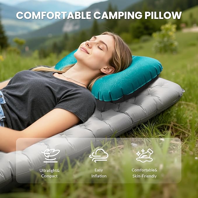 Ultralight Inflatable Camping Pillow, Compressible, Compact, Comfortable, Ergonomic Inflating Pillows, Portable Travel Air Pillow for Outdoor Camp, Hiking, Backpacking & Airplane Travel