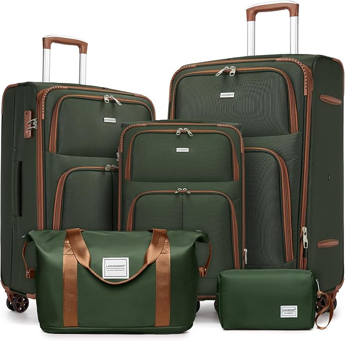 LARVENDER Luggage Sets 5 Piece Softside Expandable Suitcases Set with Spinner Wheels TSA Lock, Lightweight Soft Shell Rolling Travel Luggage Set Clearance for Men and Women, Green Brown