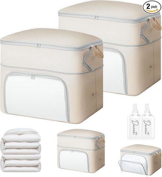 Comforter Storage Bag - Large Capacity Blanket Storage Bags Front-opening Ultra Space Saving Self Compression Organizer, Washable Compression Bags for Storage Comforter Blanket, 2 Pack, Beige