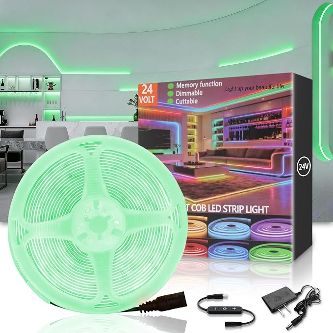Green COB 10Ft LED Strip Lights 24V Dimmable High CRI95+ Ultra Bright Flexible LED Tape Lights LED Lights Strip Rope Lights for St. Patrick's Day Holiday Party Home Indoor Outdoor Decorative Lighting
