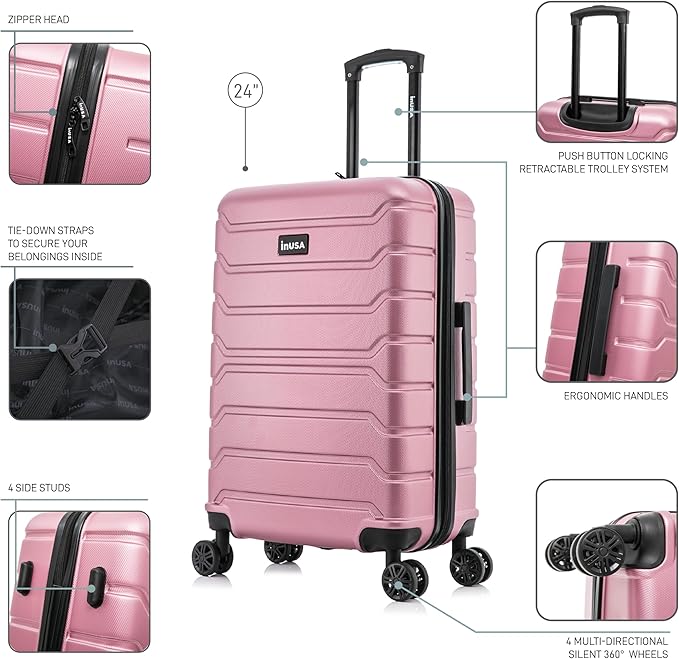 InUSA TREND Luggage with Spinner Wheels | Durable lightweight Hardside Suitcase, Travel bag with Handle and Trolley, 24-Inch Medium Checked luggage | Rose Gold