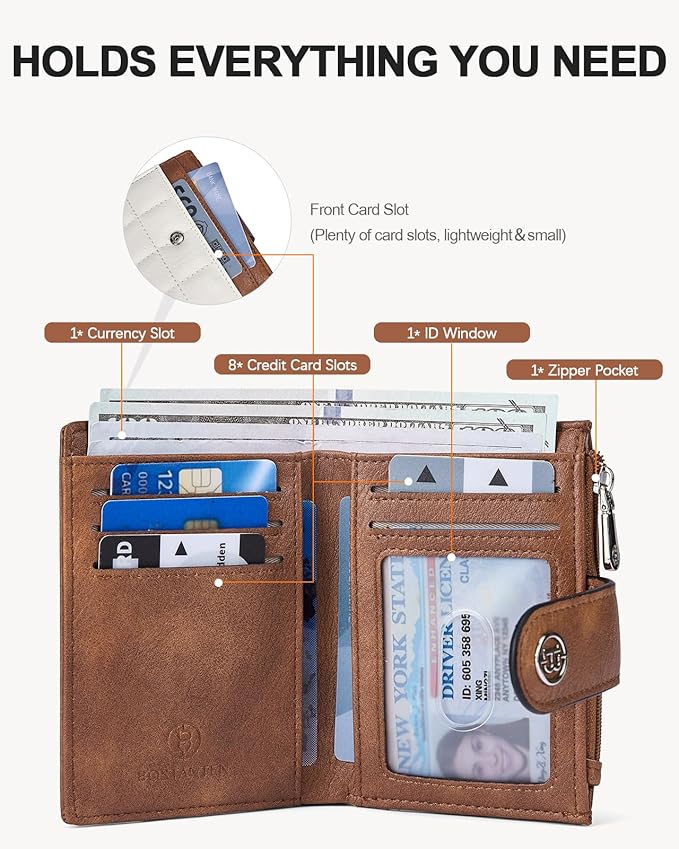 BOSTANTEN Small Wallet for Women Leather RFID Blocking Card Holder Bifold Compact Wallets With Zipper Coin Pocket Beige＆Brown