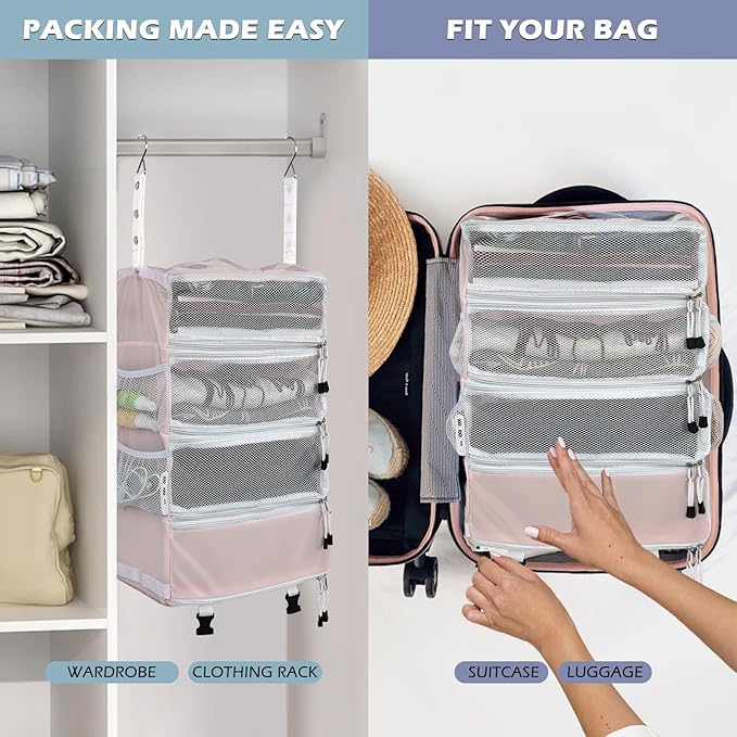 Surblue Travel Hanging Luggage Organizer Portable Suitcase Closet Organizer Multiple Compartments Collapsible Compression Packing Cubes Shelf, Pink, M