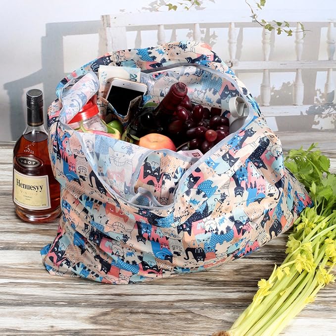 KINGMAS Reusable Grocery Bags, Eco-Friendly Folding Tote Shopping Bag fits in Pocket, Washable Waterproof Nylon Pouch Bags
