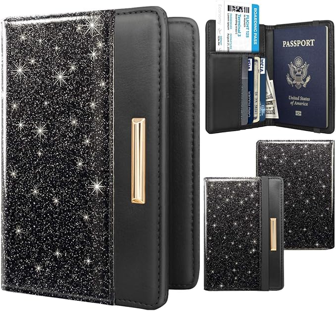 Passport Holder Cover,Traveling Passport Case Glitter Cute Passport Wallet for Women,Black Glitter