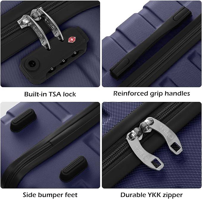 Coolife Luggage 3 Piece Set, Lightweight Durable Hardshell Suitcase set with 360° Spinner Wheels, TSA-approved Lock, Checked Family Travel Luggage sets, 20/24/28 Inch, Navy