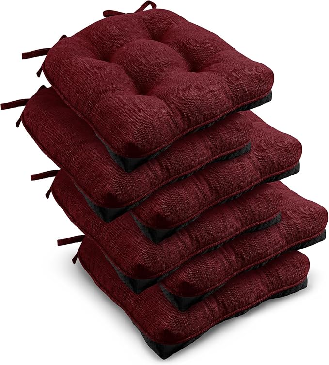 downluxe Indoor Chair Cushions for Dining Chairs, Tufted Overstuffed Textured Kitchen Chair Pads with Ties and Non-Slip Backing, 15.5" x 15.5" x 4", Burgundy, 6 Pack