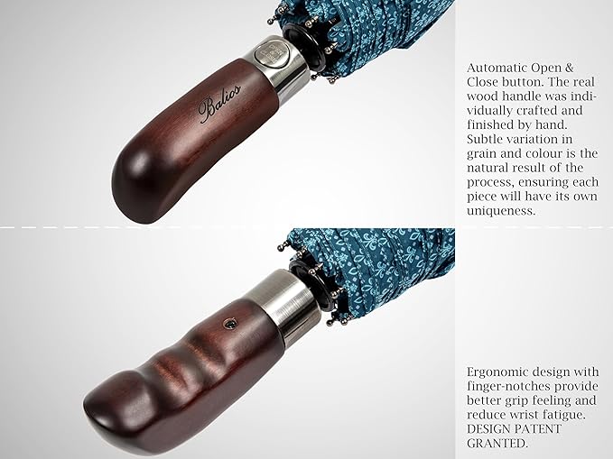 Balios Travel Folding Umbrella with Real Wood Handle Auto Open Close Vented Windproof Canopy - Designed in UK