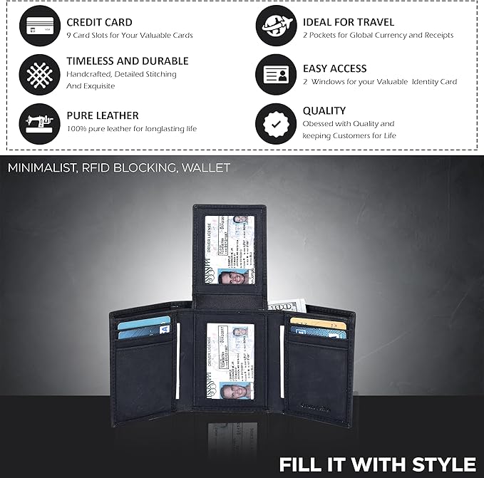 Real Leather Mens Trifold Wallet RFID Blocking Slim Minimalist Front Pocket - Thin & Stylish with ID Window in Gift Box