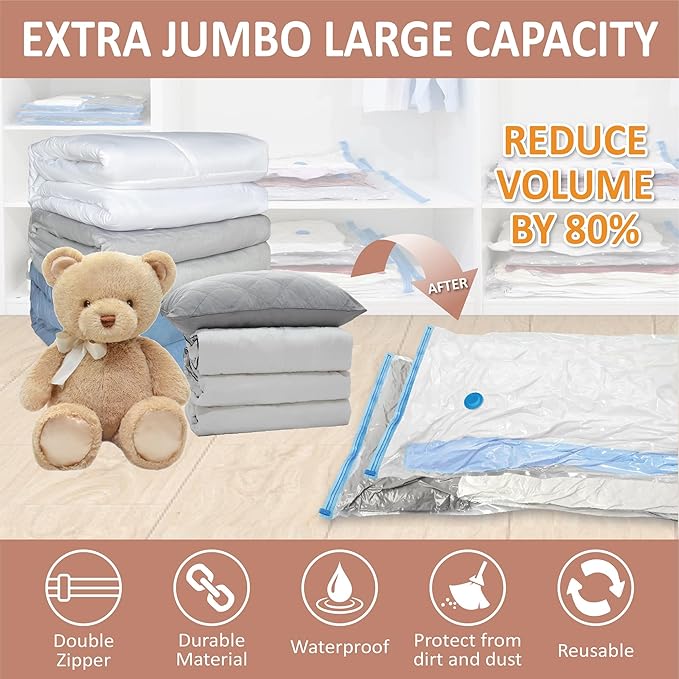 Cozy Essential Vacuum Storage Bags, 80% Compression Vacuum Seal Space Saver Plastic Packaging Bags for Clothes, Blankets, Pillow, Bedding, Comforters, Sealer Clothing Storage,8 XXL Jumbo