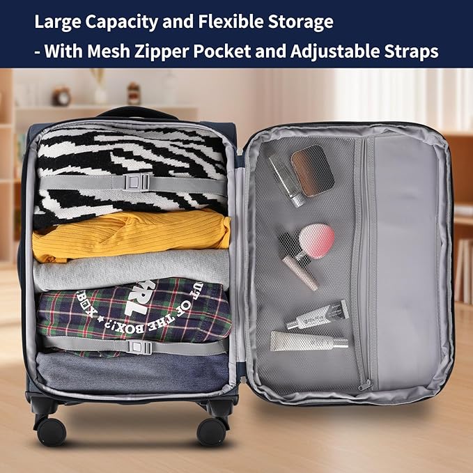 3-Piece Softside Expandable Luggage Set with Front Open Pocket, Lightweight and Durable Oxford Fabric Suitcase Set with TSA Lock (Blue, 20in/24in/28in)