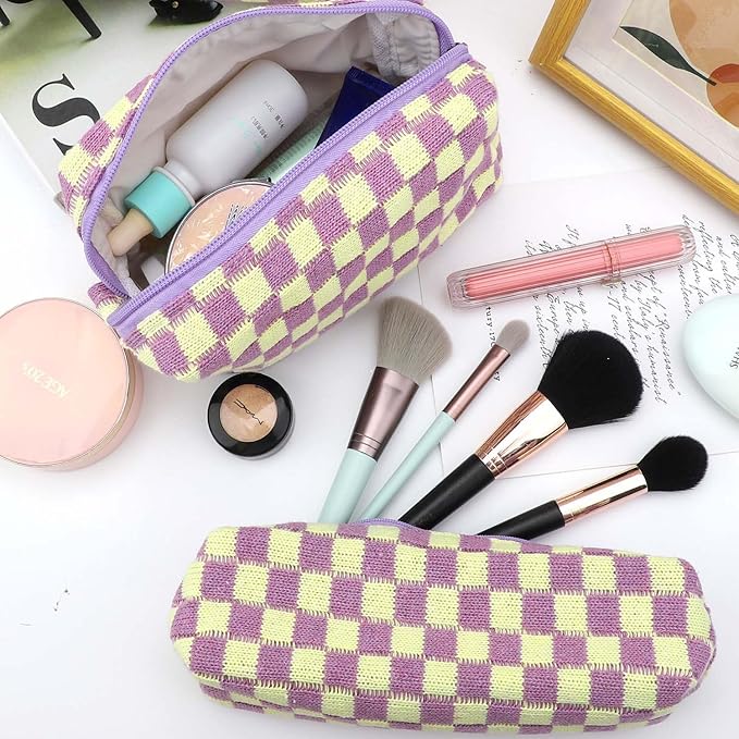 EIMMBD Makeup Bags 3 Pieces Large Capacity Checkered Cosmetic Bag Travel Toiletry Organizer Cute Makeup Pouch Storage for Women(Purple)