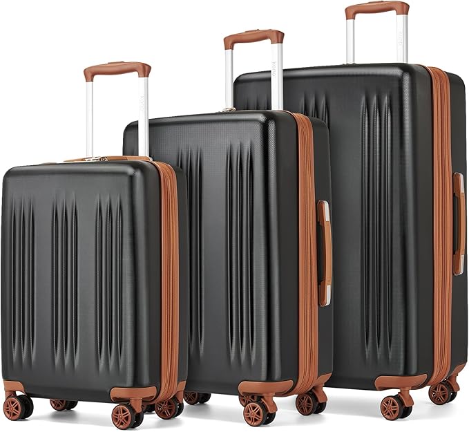 Kono Expandable Luggage 3 Piece Set Hardshell Lightweight 20in 24in 28in Carry On Suitcase with Spinner Wheels TSA Lock(Black & Brown)