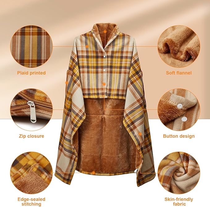 forestfish Wearable Blanket Compact Pillow 2-in-1, Lap Blanket Poncho with Button Plaid Throw Cushion for Home/Office/Sofa