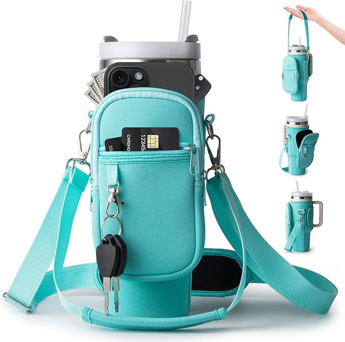 linmaya Water Bottle Carrier Bag for Stanley Cup 40/30oz with Phone Holder Pockets,Neoprene Water Bottle Cross-body Bag with Adjustable Shoulder & Hand Strap Stanley Cup Accessories